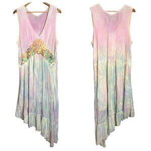 Boho Fairy pastel Maxi Dress Floral Accents Asymmetrical Flowy Hem Size XL